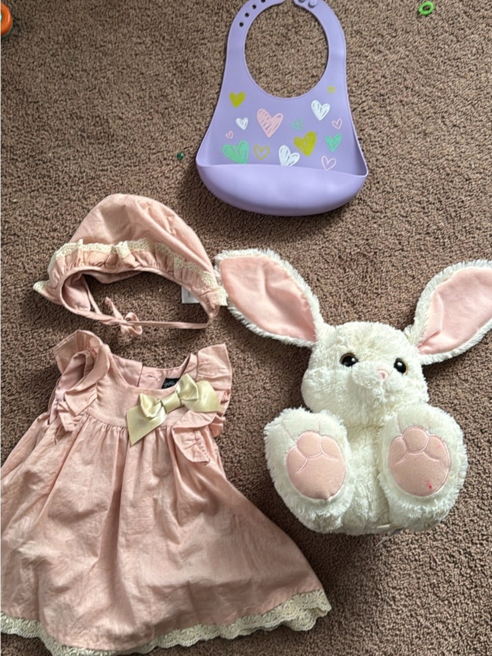 Pink Baby Dress with Bow, Matching Bonnet & Plush Bunny - Kids Toys